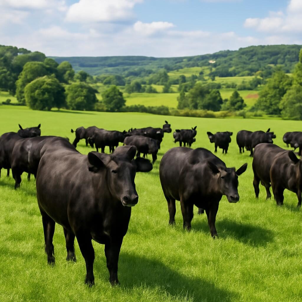 troupeau de bovins Angus noirs dans un pré vert en France