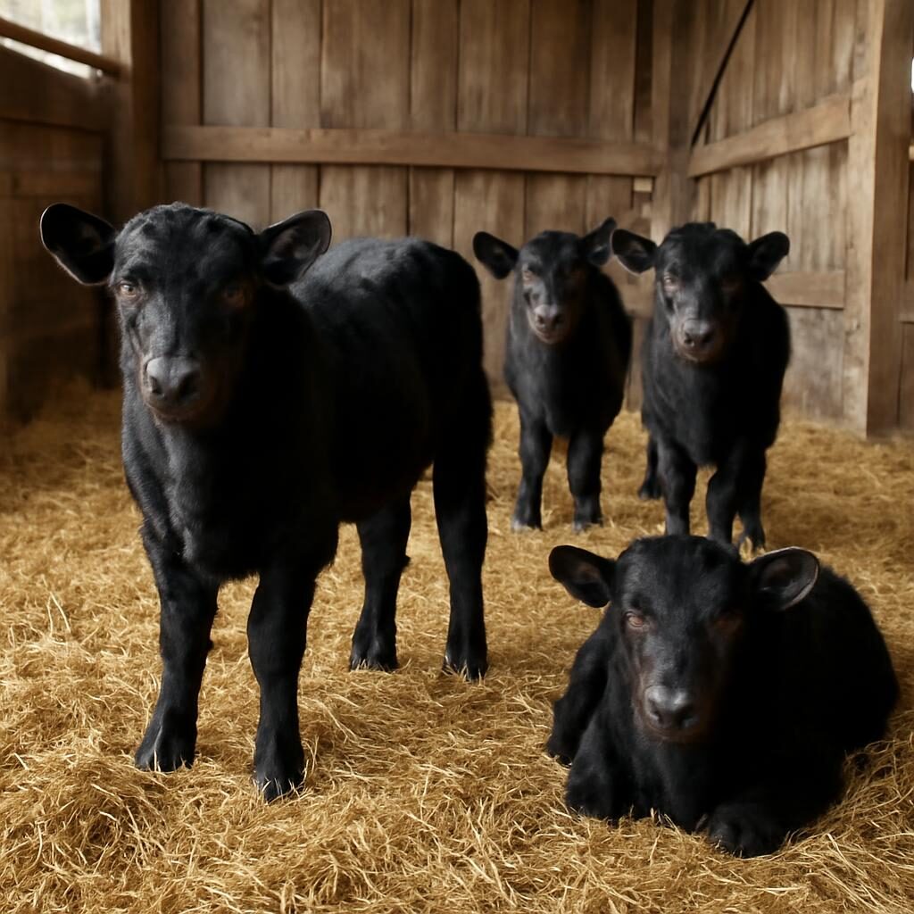 veaux Angus dans un bâtiment d'élevage français, paille propre