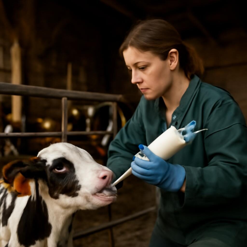 Vétérinaire administrant un traitement oral à un veau dans un élevage bovin
