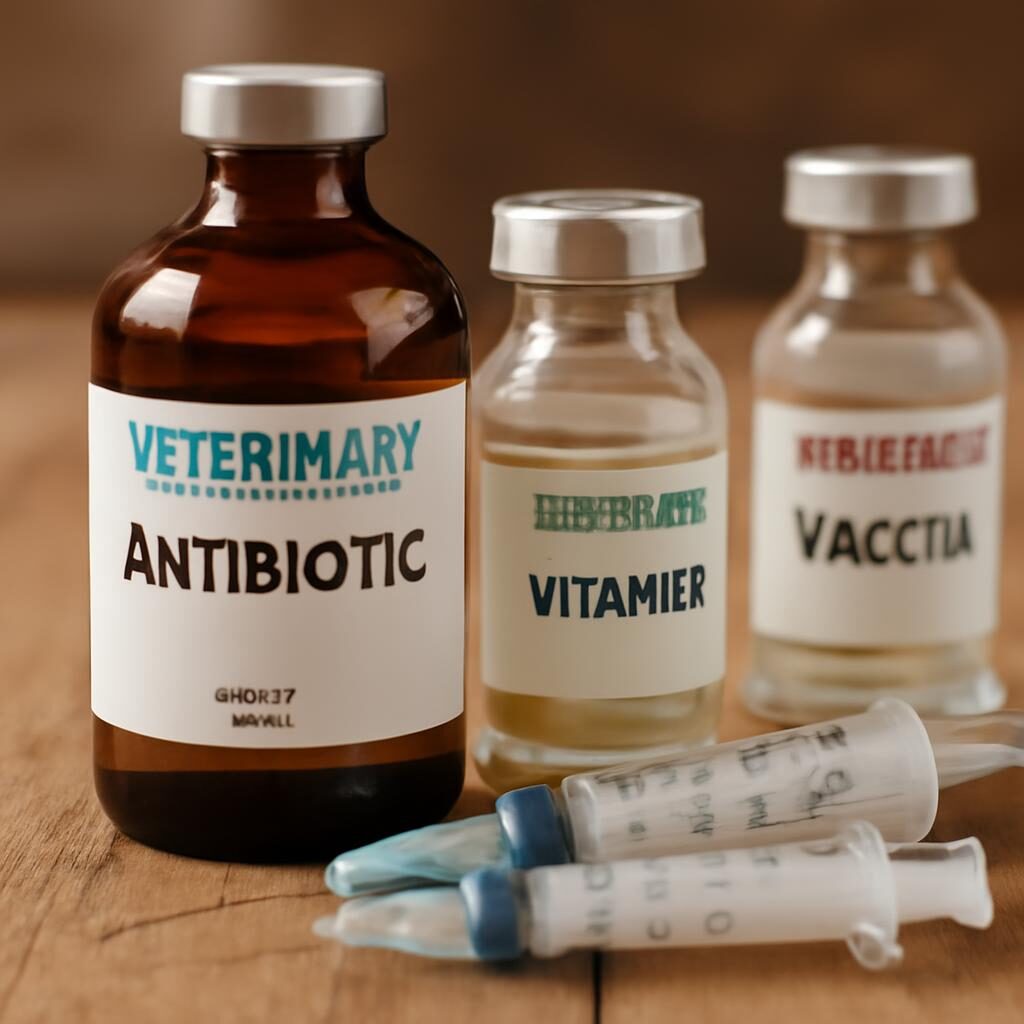 Médicaments vétérinaires et seringues sur table de ferme, traitement bovin