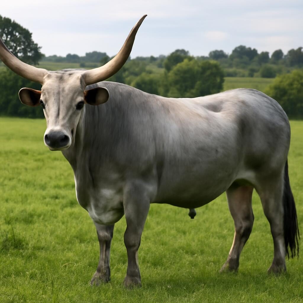Bœuf de Bazas dans un pré verdoyant de Gironde, race à cornes typique du Sud-Ouest