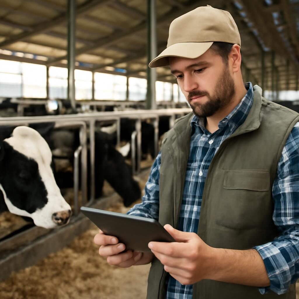 Éleveur utilisant une tablette pour enregistrer des données de santé bovine dans un bâtiment moderne