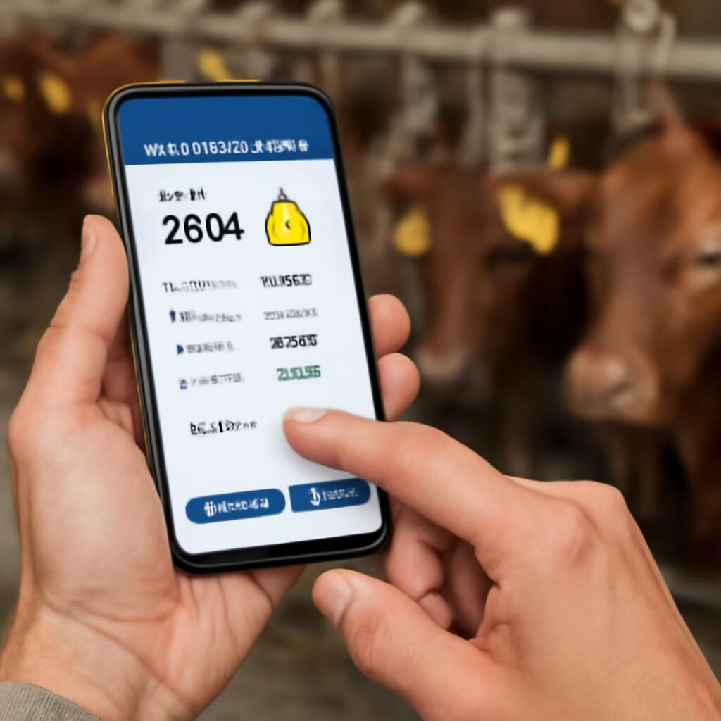 Gros plan de mains tenant un smartphone avec une application de suivi du troupeau dans une stabulation