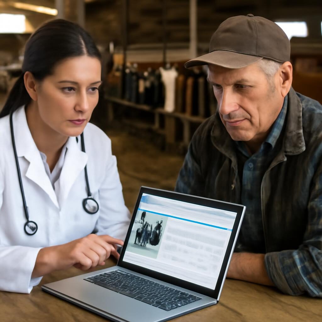 Vétérinaire et éleveur consultant des données de santé bovine sur un ordinateur portable dans une étable