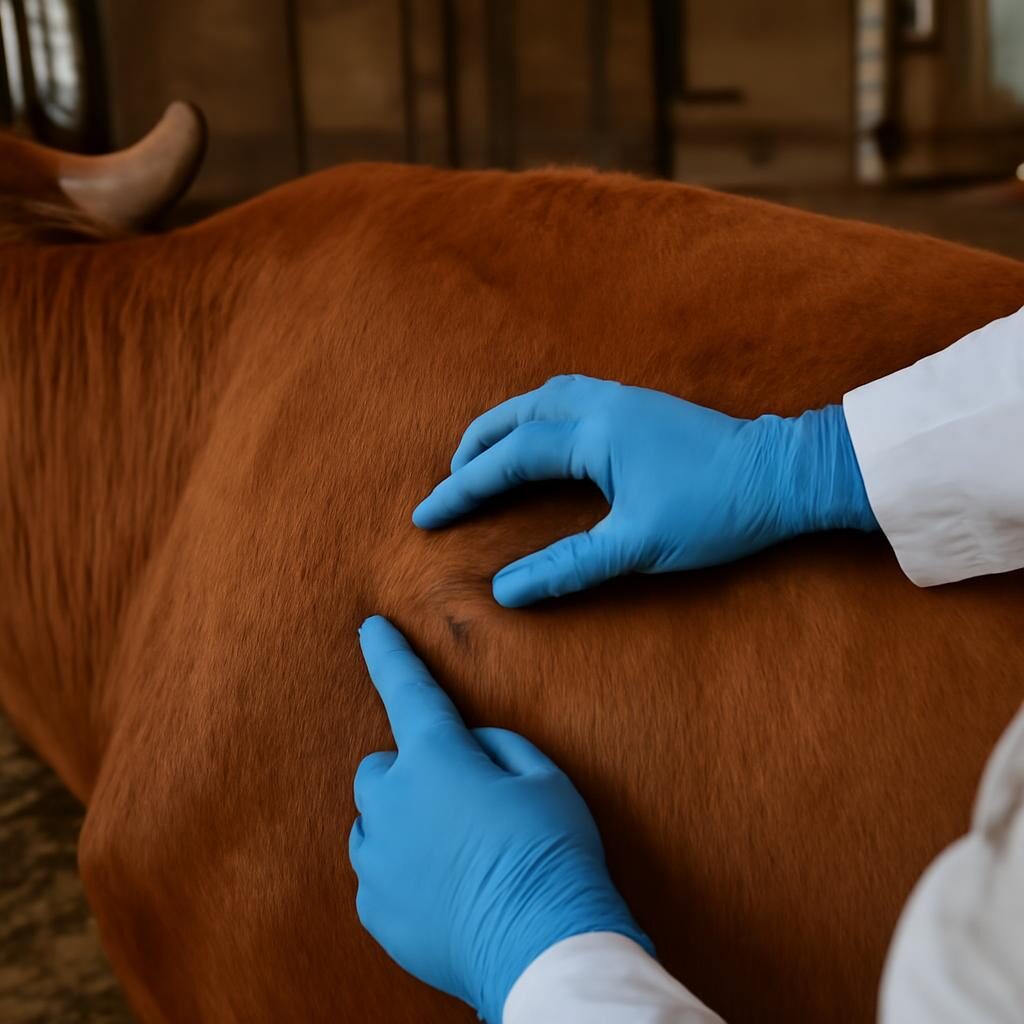 Vétérinaire examinant des lésions cutanées sur le dos d'un bovin en stabulation