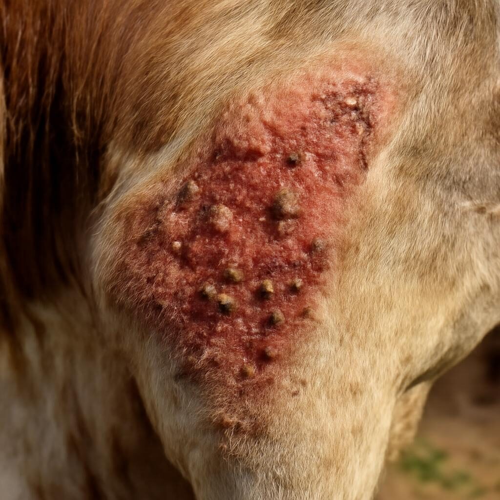 Gros plan sur des lésions de dermatite sur l'encolure d'une vache