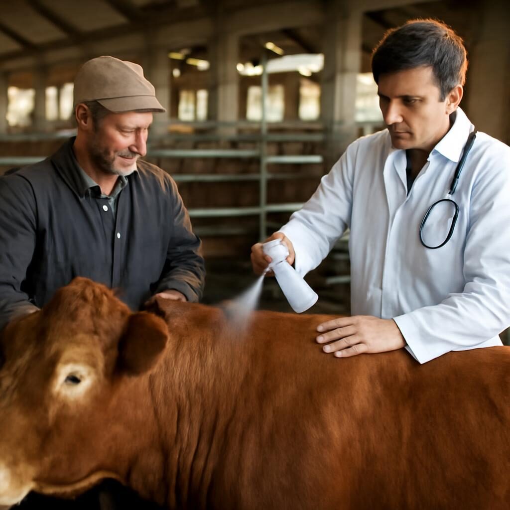 Éleveur et vétérinaire appliquant un traitement topique sur un bovin en ferme