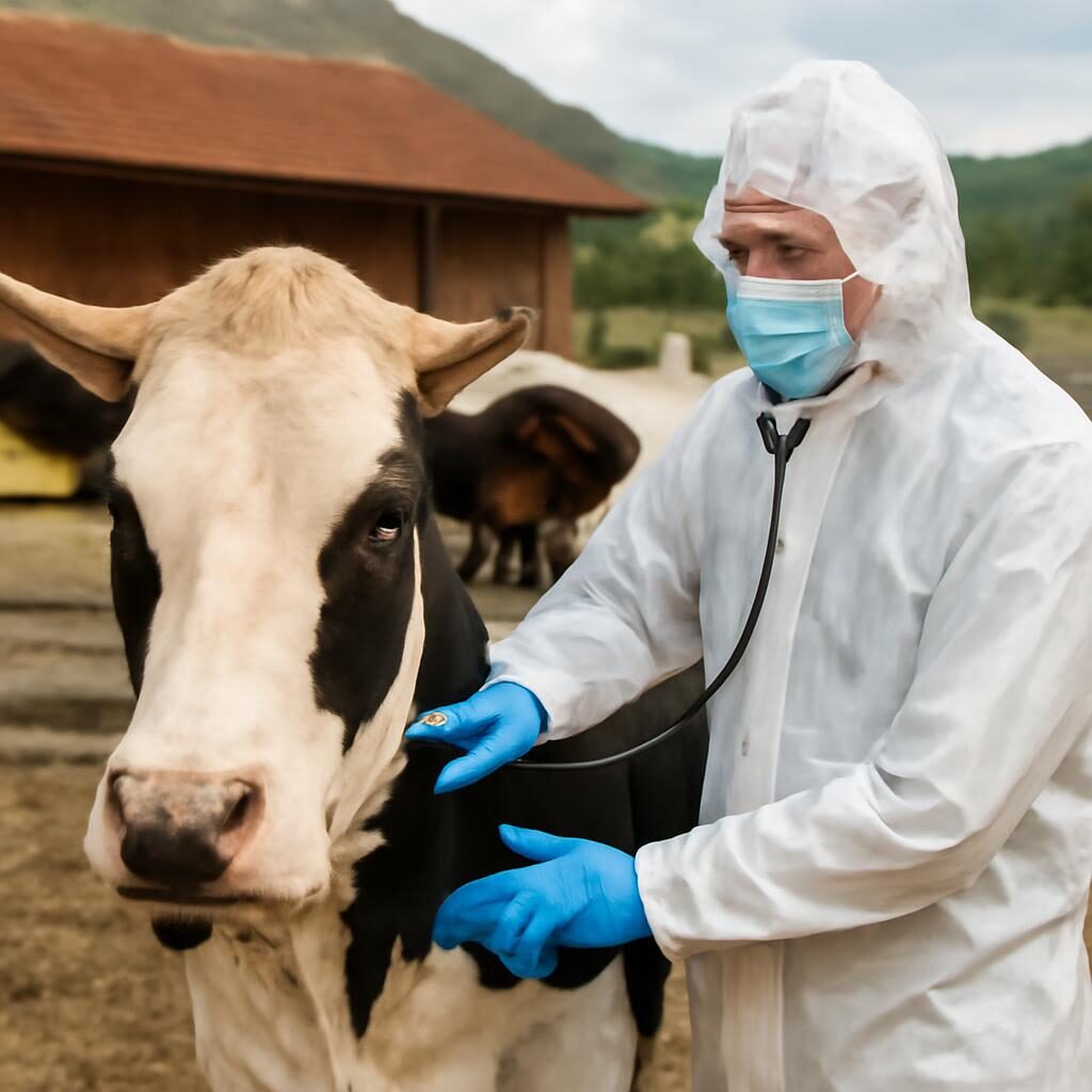 vétérinaire en équipement de protection examinant une vache dans le Jura