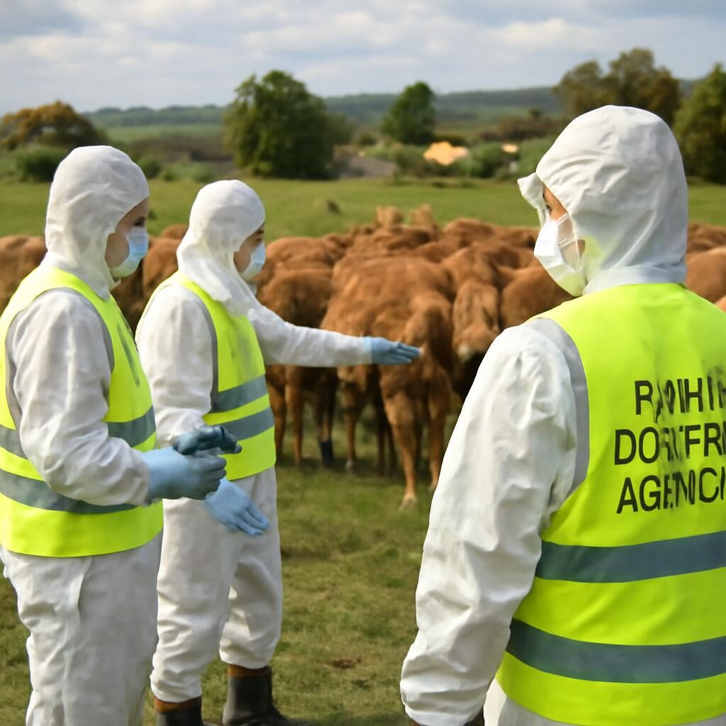 équipe sanitaire en tenue de biosécurité inspectant un troupeau bovin
