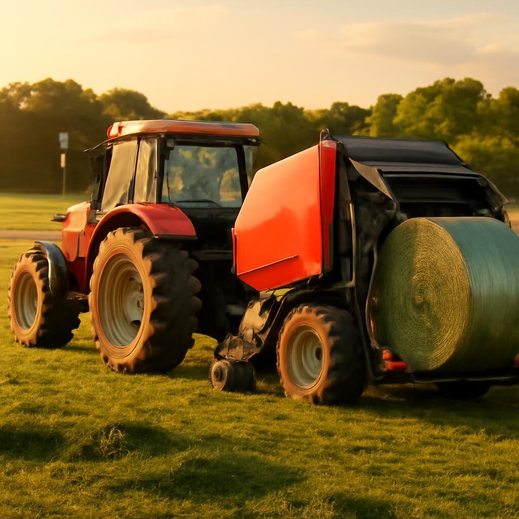 Tracteur avec presse-enrubanneuse combinée récoltant de l'herbe dans une prairie