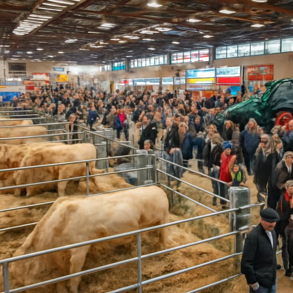 hall d'exposition du salon Est Élevage avec bovins et visiteurs