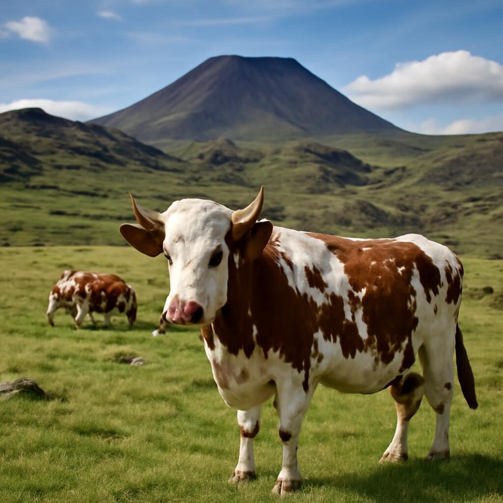 Vache Ferrandaise dans un pâturage auvergnat avec paysage volcanique du Puy-de-Dôme