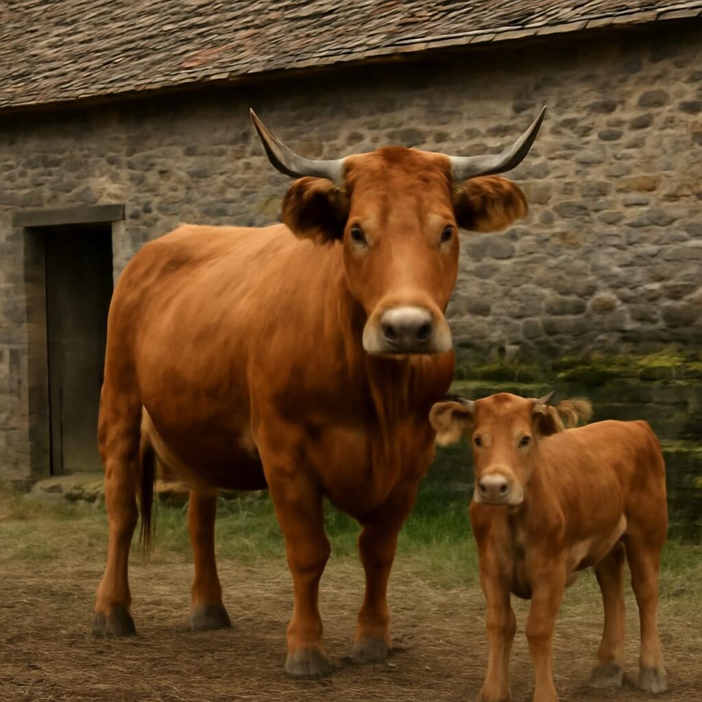 Vache Ferrandaise avec son veau dans une ferme traditionnelle auvergnate