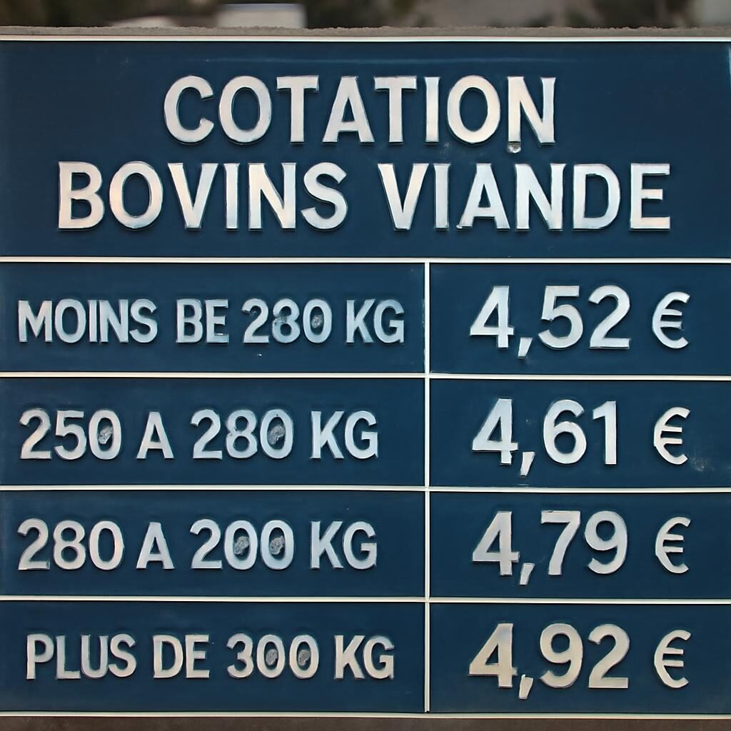 tableau de cotation des bovins avec prix au kilo par catégorie