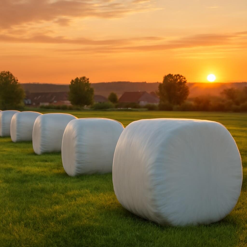 Balles rondes enrubannées alignées dans un champ au coucher du soleil, ferme française