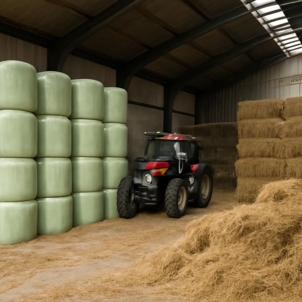Intérieur d'un bâtiment agricole avec stocks d'ensilage et de foin, tracteur en arrière-plan