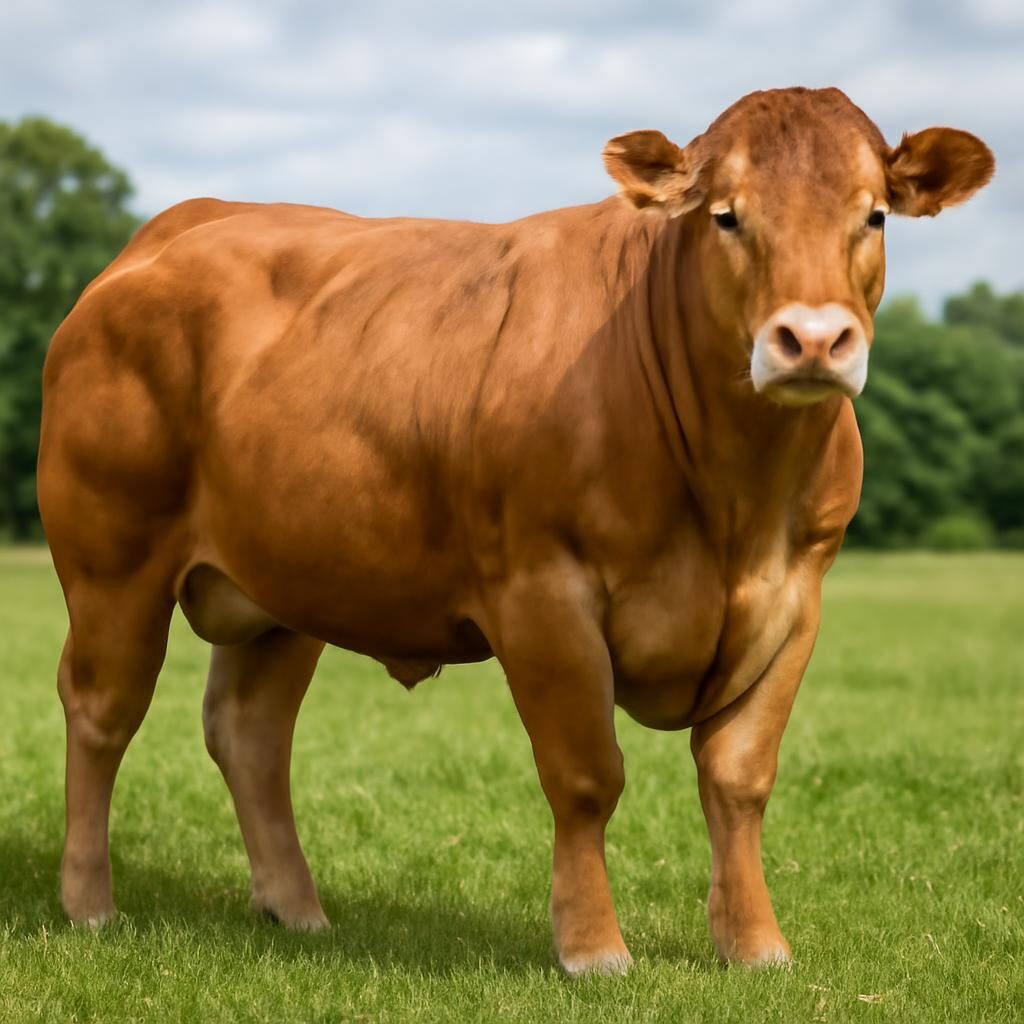 Vache Limousine dorée dans un pré vert, race bovine française à viande