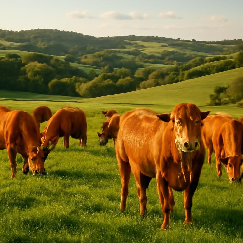 Troupeau de vaches Limousines a robe dorée dans un pré verdoyant du Limousin