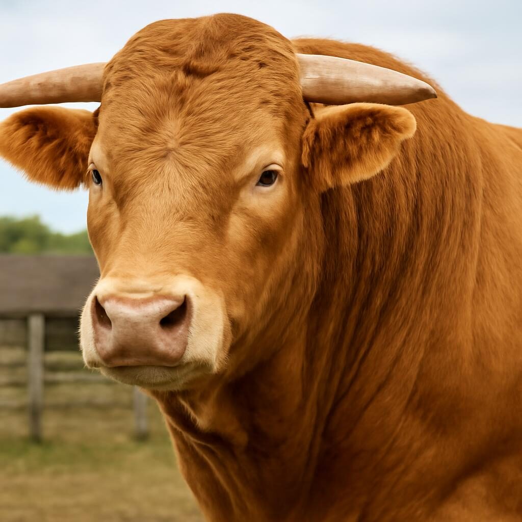 Portrait d'un taureau Limousin avec sa robe fauve dorée et sa musculature puissante
