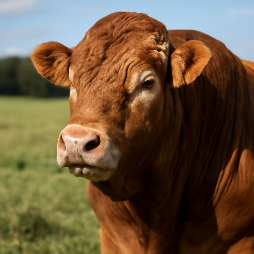 Portrait d'un taureau Limousin à la robe dorée dans un pâturage ensoleillé