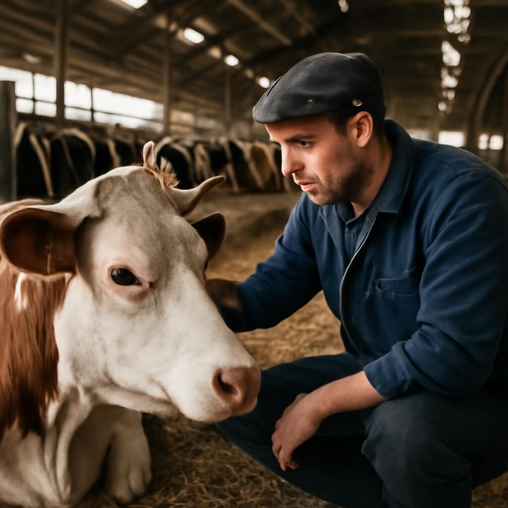 Éleveur examinant une vache allongée dans une stabulation moderne