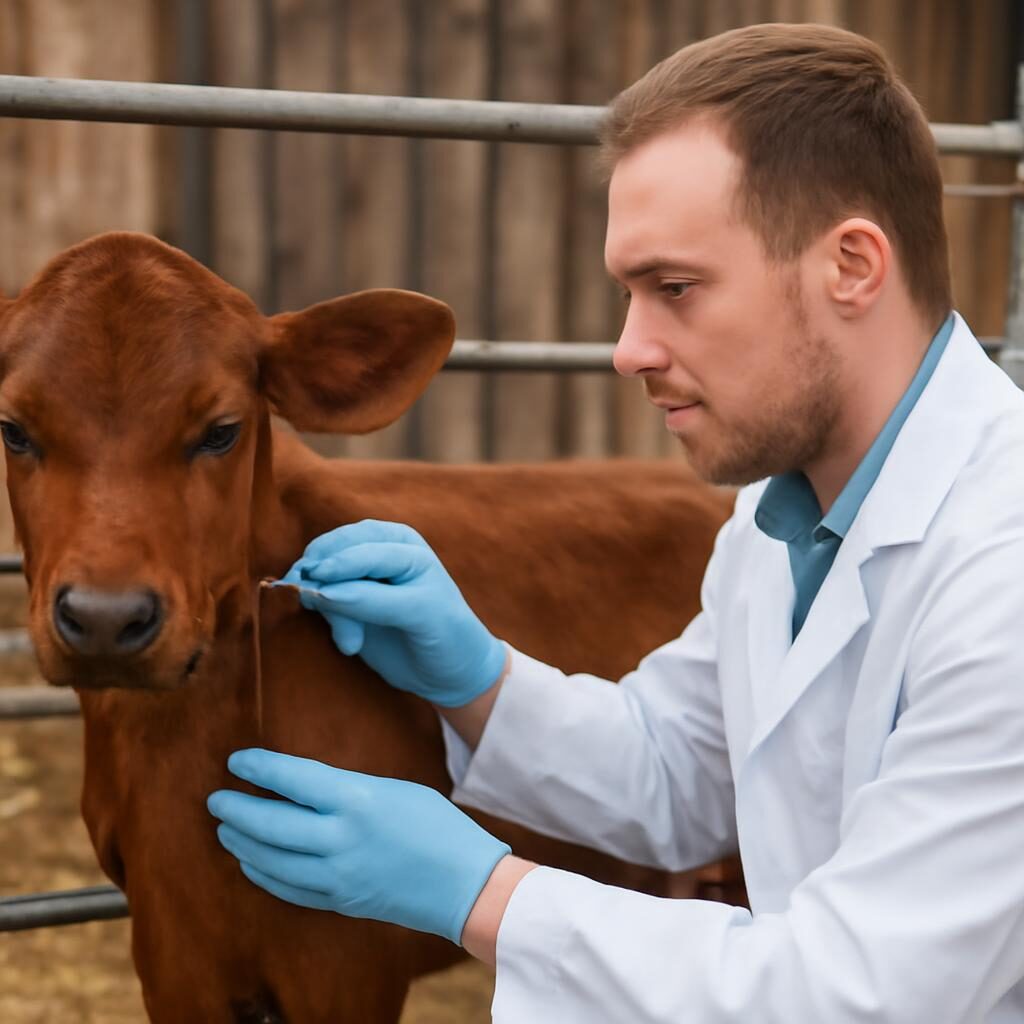 Vétérinaire vaccinant un veau dans un couloir de contention