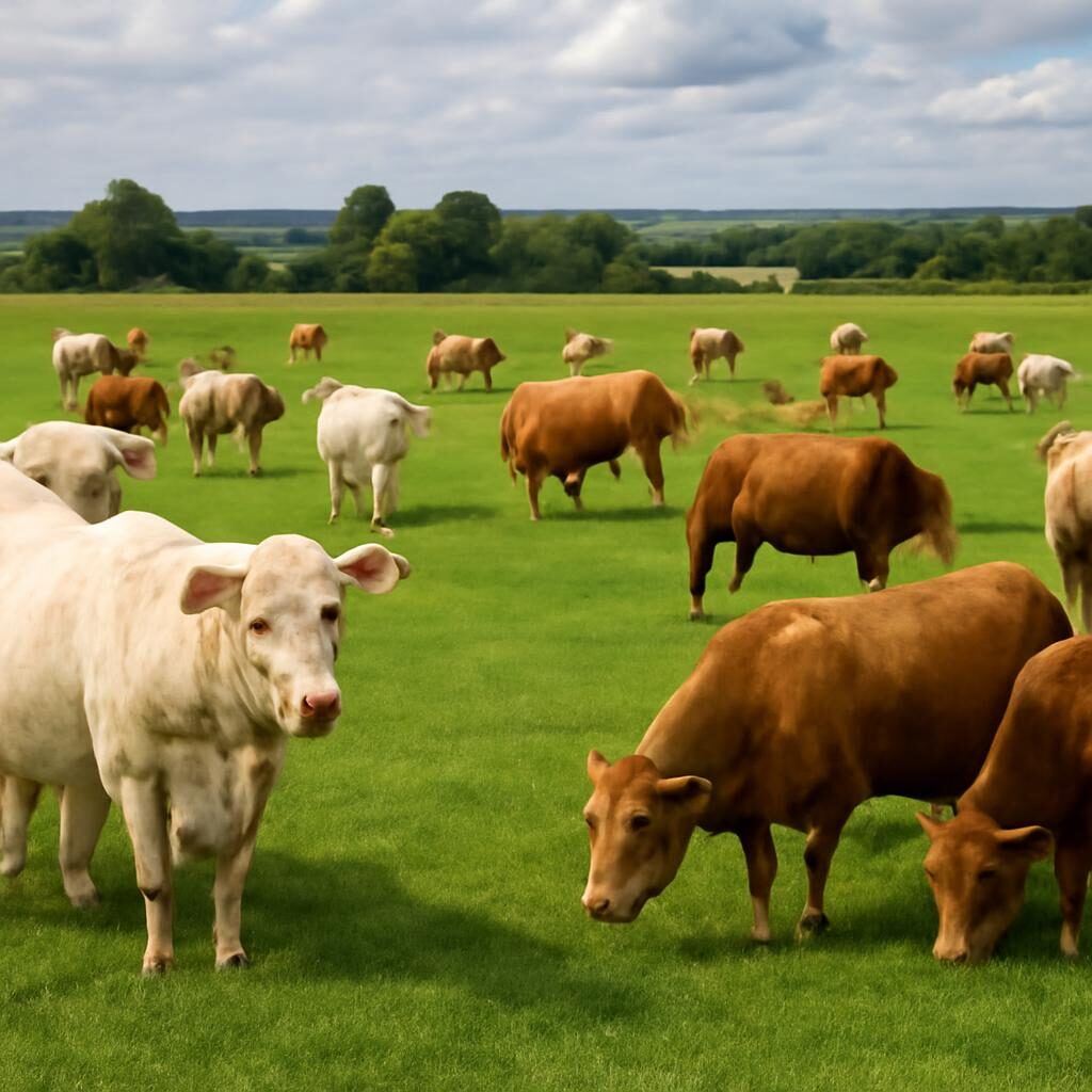 Troupeau mixte Charolais et Limousin dans une grande prairie française