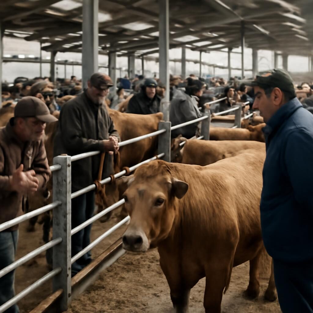 Marché aux bovins en France avec animaux dans des cases et éleveurs