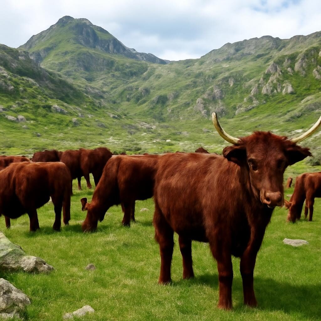 Troupeau de vaches Salers à robe acajou foncé paissant dans les estives du Massif central