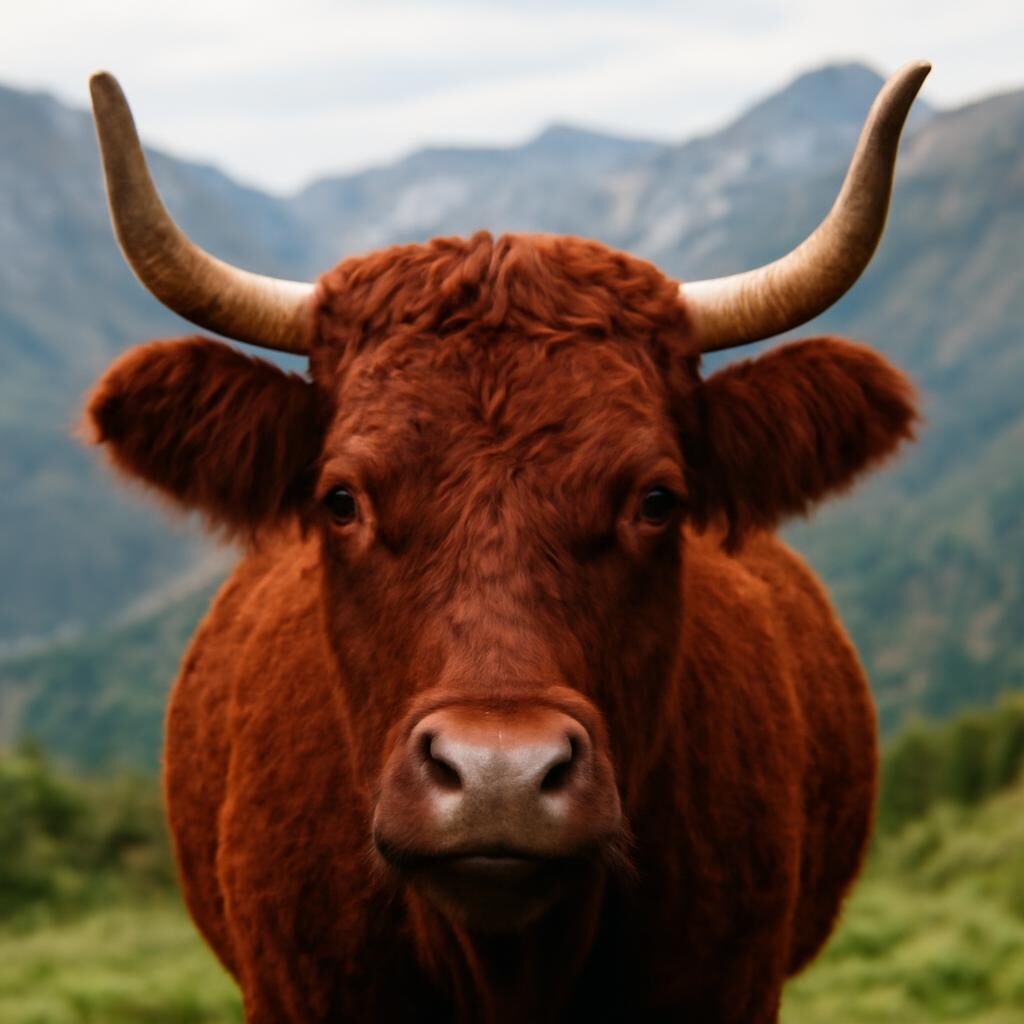 Portrait d'une vache Salers avec ses cornes en lyre caractéristiques et sa robe rouge foncée