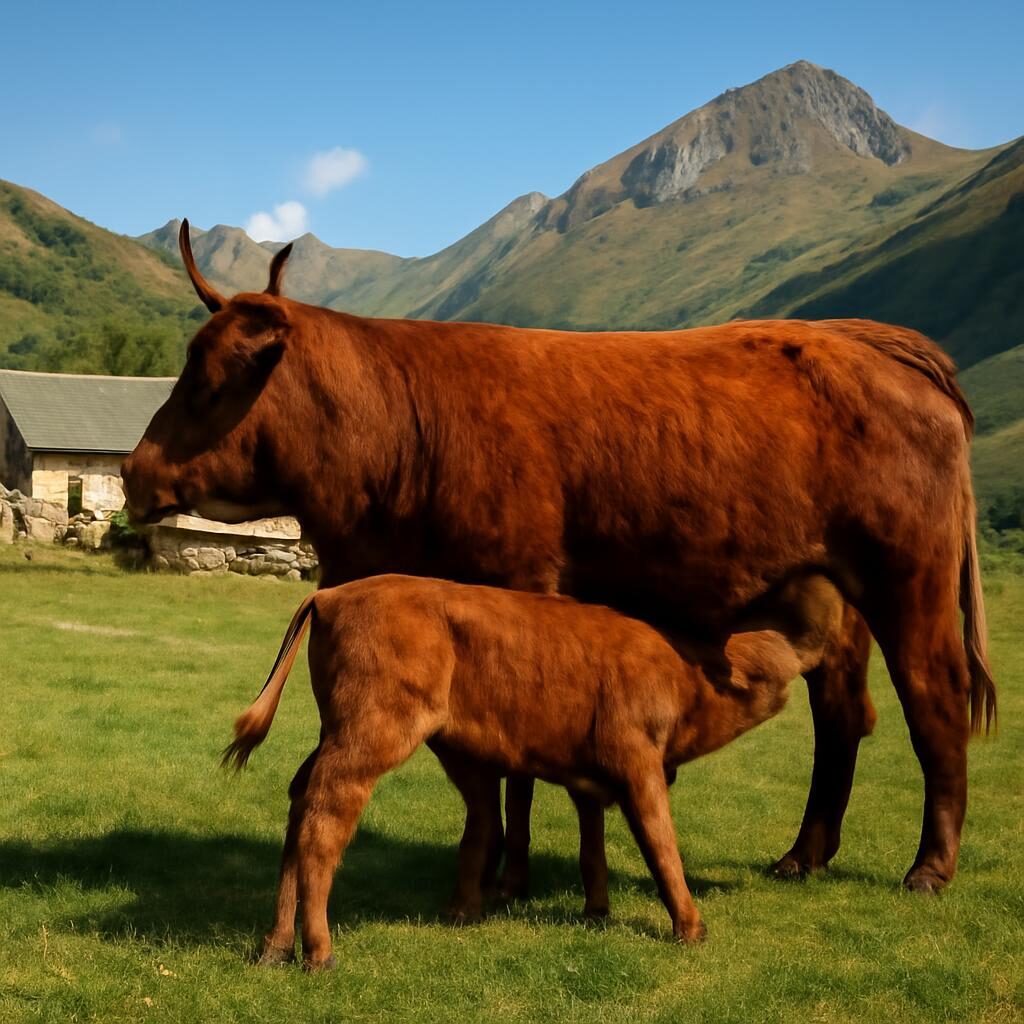 Veau Salers tétant sa mère dans un pâturage de montagne, paysage d'estive verdoyant