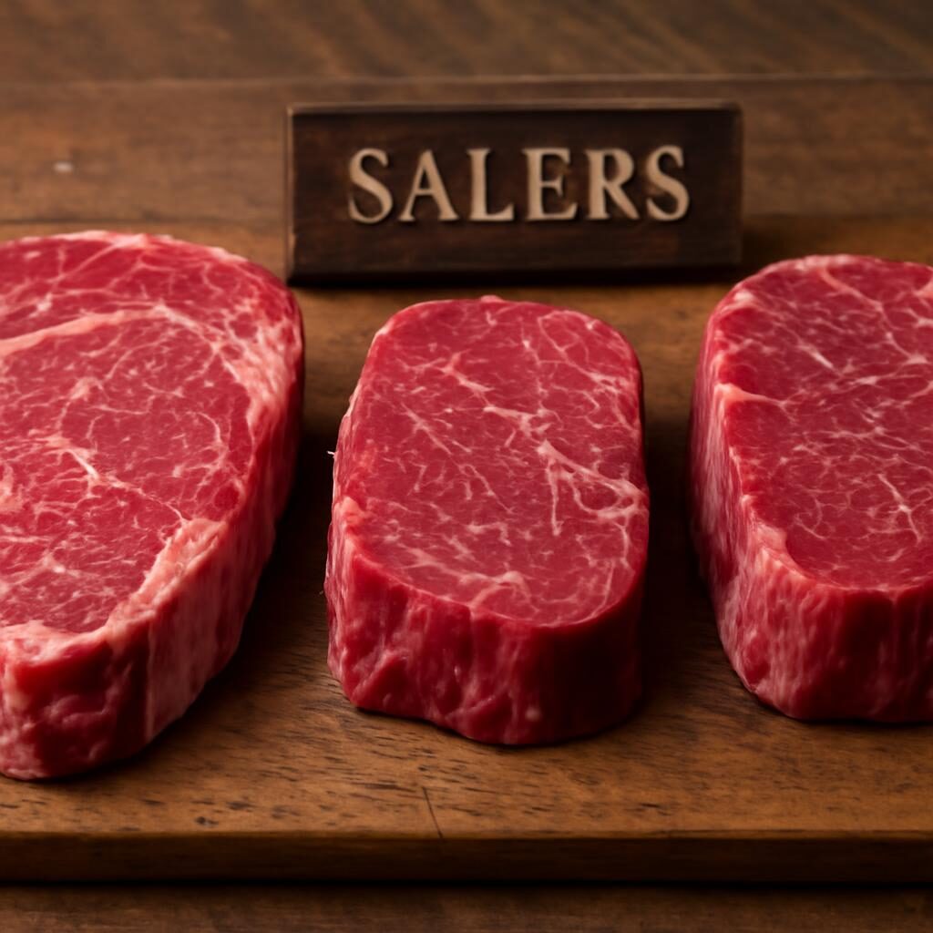 pièce de bœuf Salers rouge persillée sur planche de boucher