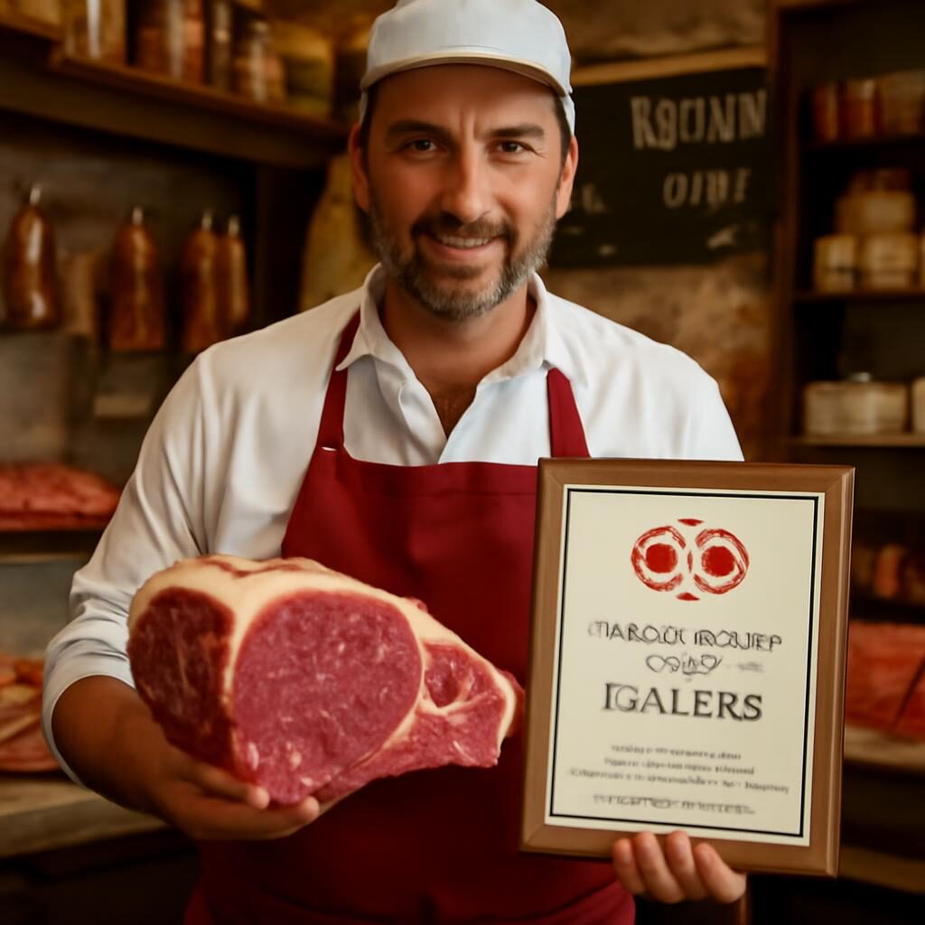 boucher artisan présentant une pièce de bœuf Salers avec label qualité