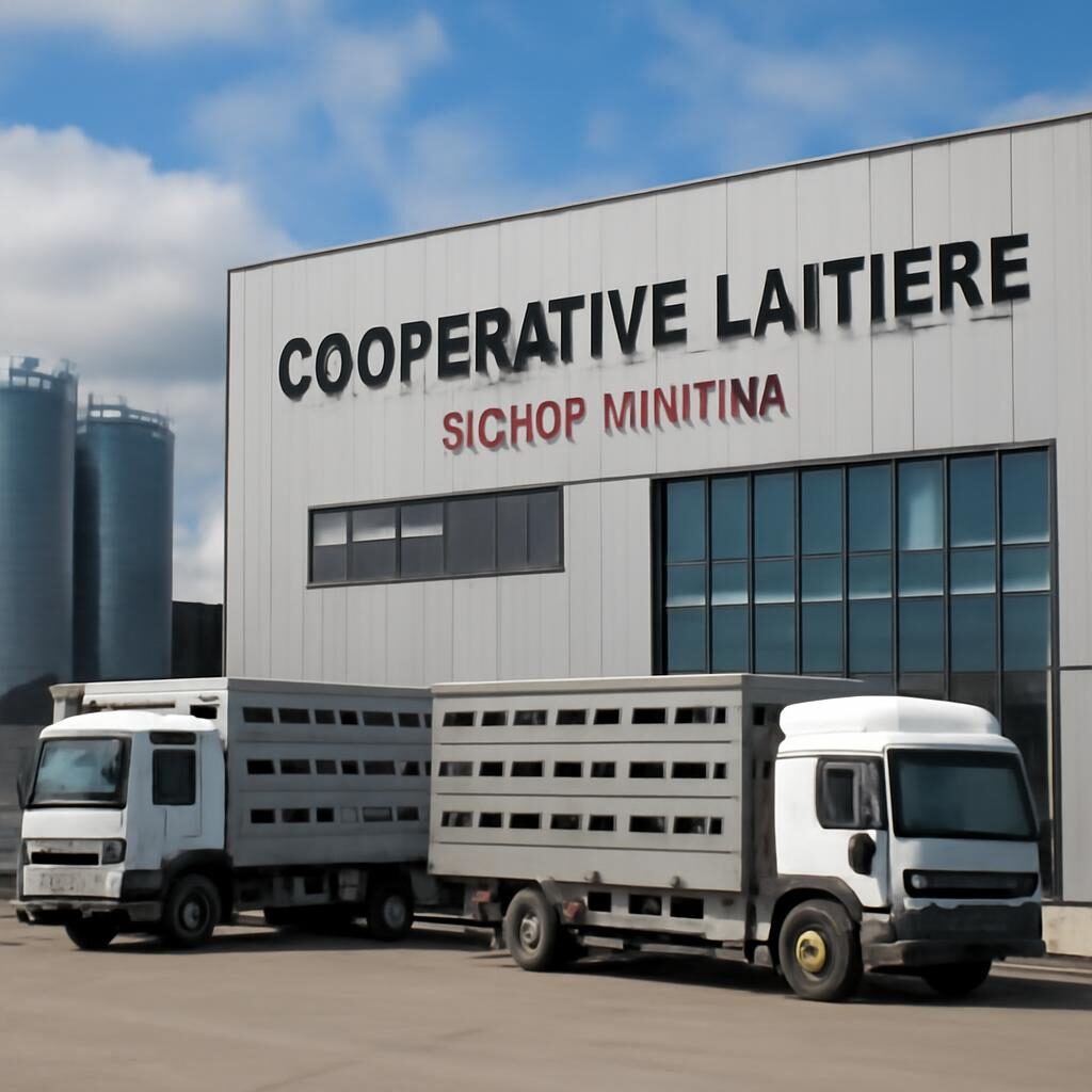 Bâtiment d'une coopérative bovine du Massif central avec camions de transport de bétail