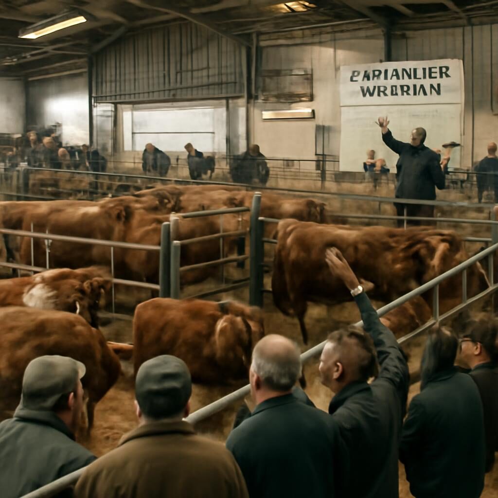 Marché aux bovins avec des Limousines et Salers en case de vente, éleveurs français