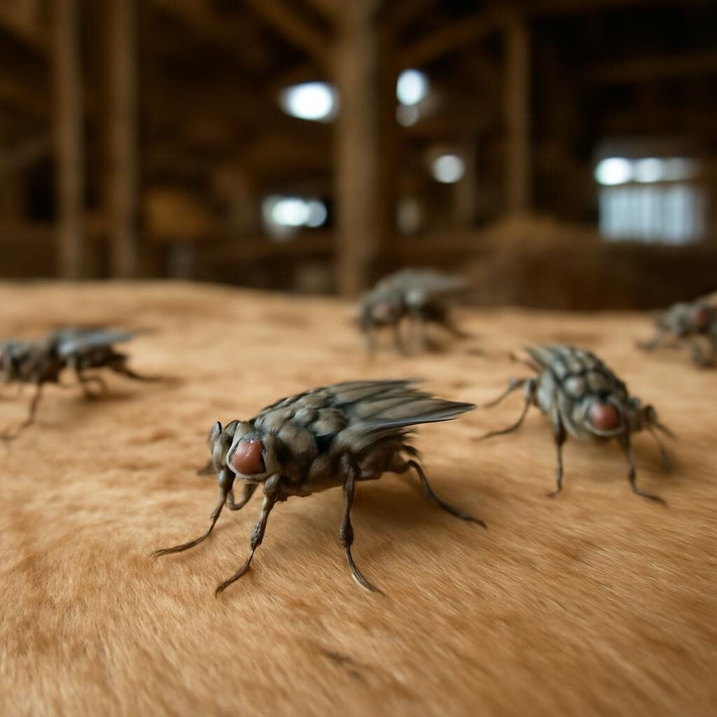Mouches stomoxes (Stomoxys calcitrans) sur la peau d'un bovin en stabulation