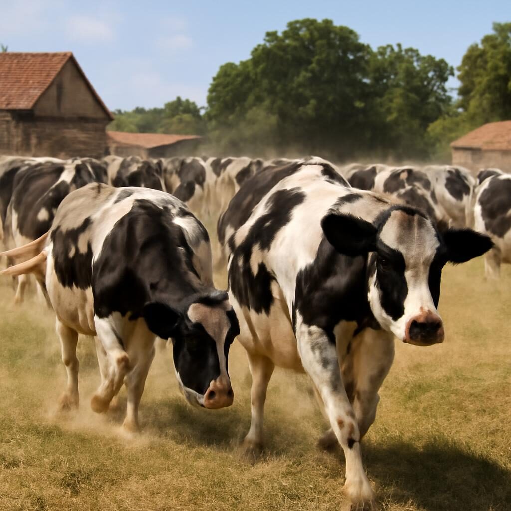 Troupeau de bovins agité par la présence de stomoxes en période estivale