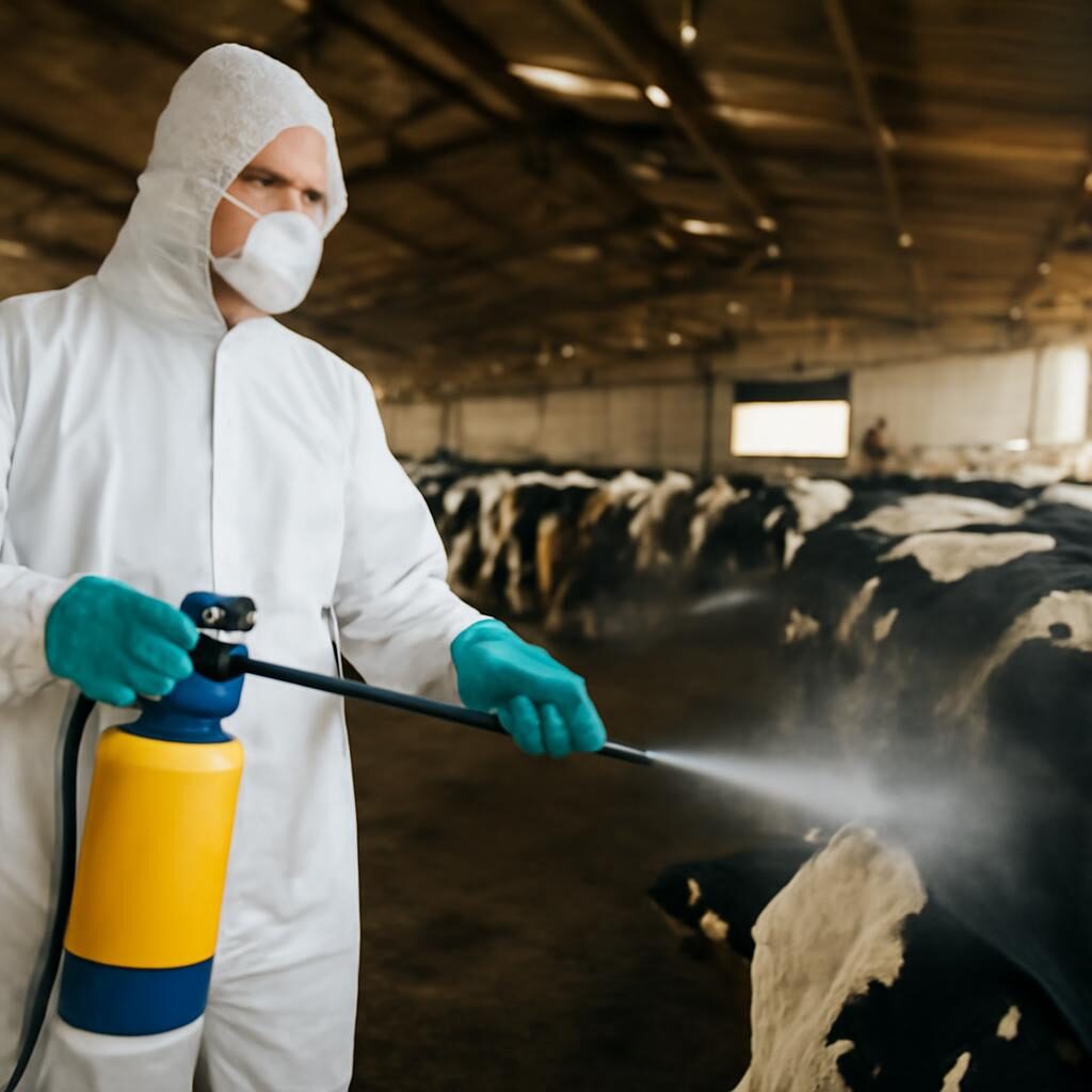 Éleveur appliquant un traitement insecticide sur bovins pour lutter contre les stomoxes