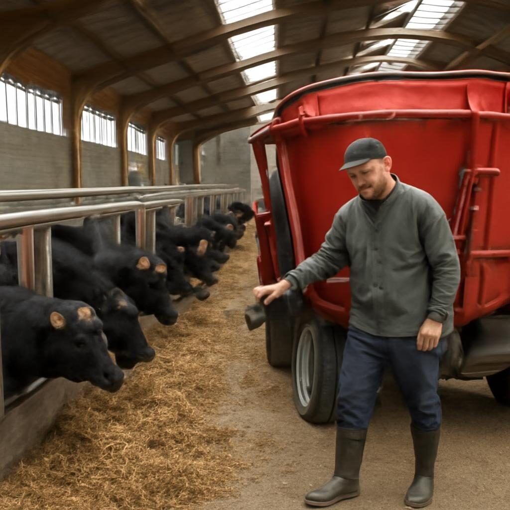 Éleveur distribuant la ration aux taurillons avec un godet mélangeur dans un hangar