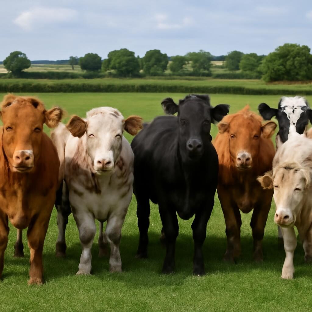 Groupe de jeunes bovins mâles robustes dans une prairie, paysage agricole français