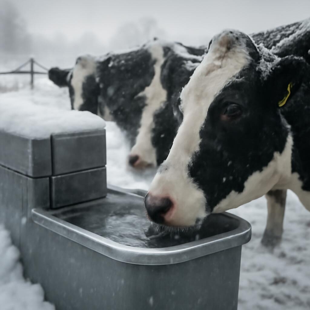 Abreuvoir chauffé automatique avec vaches buvant un matin glacial