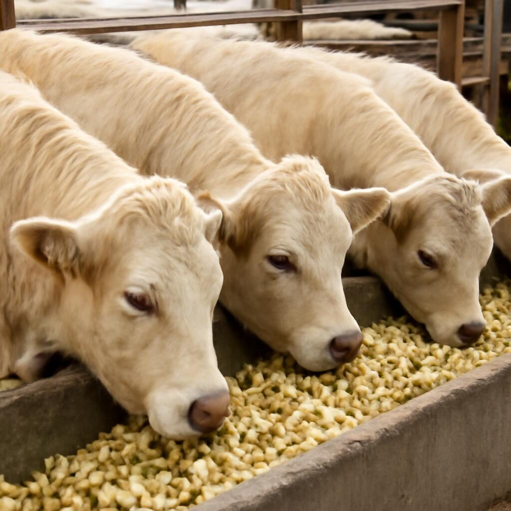 Vaches Charolaises mangeant des betteraves fourrageres en auge