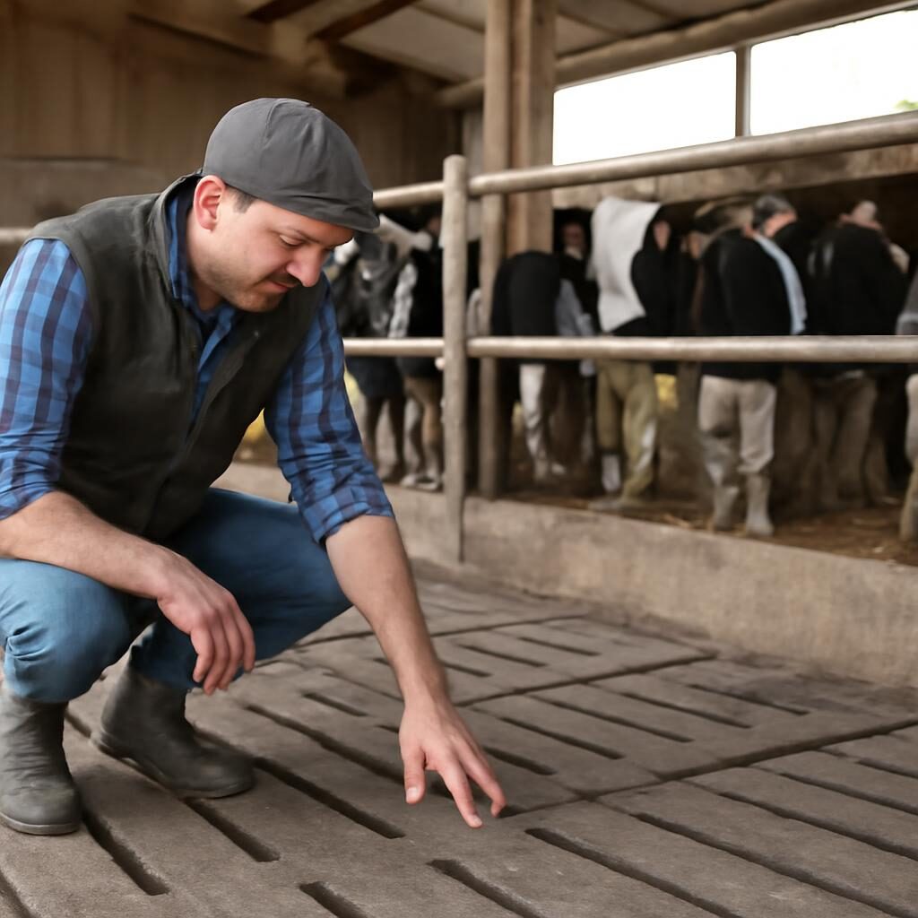 Eleveur inspecte le caillebotis de sa stabulation