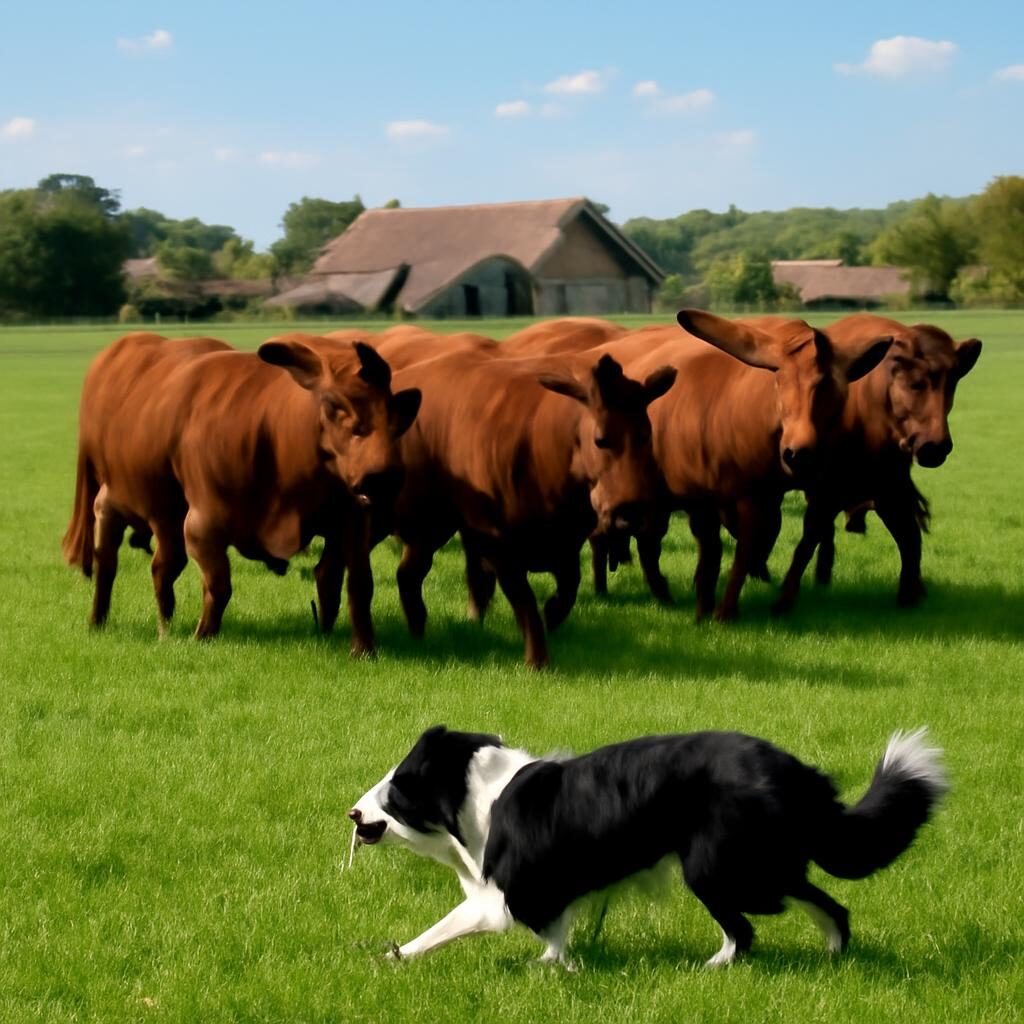 Chien de troupeaux Border Collie conduisant des bovins dans un pre
