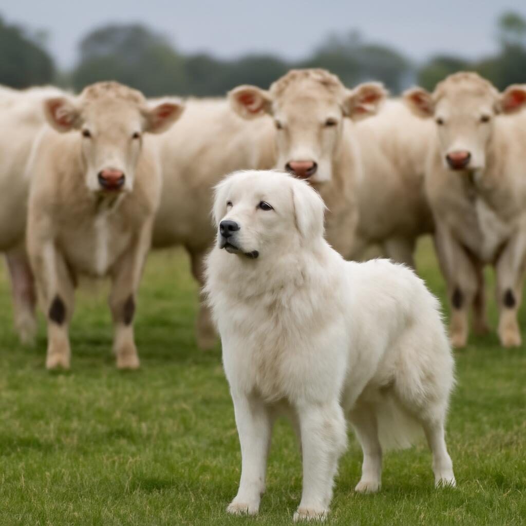 Patou chien de protection gardant un troupeau de vaches Charolaises