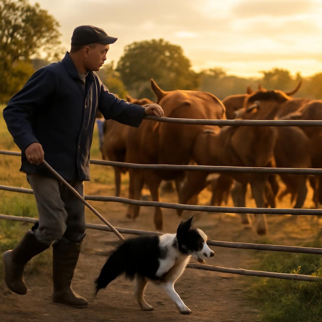 Eleveur et chien de conduite guidant les bovins vers la stabulation