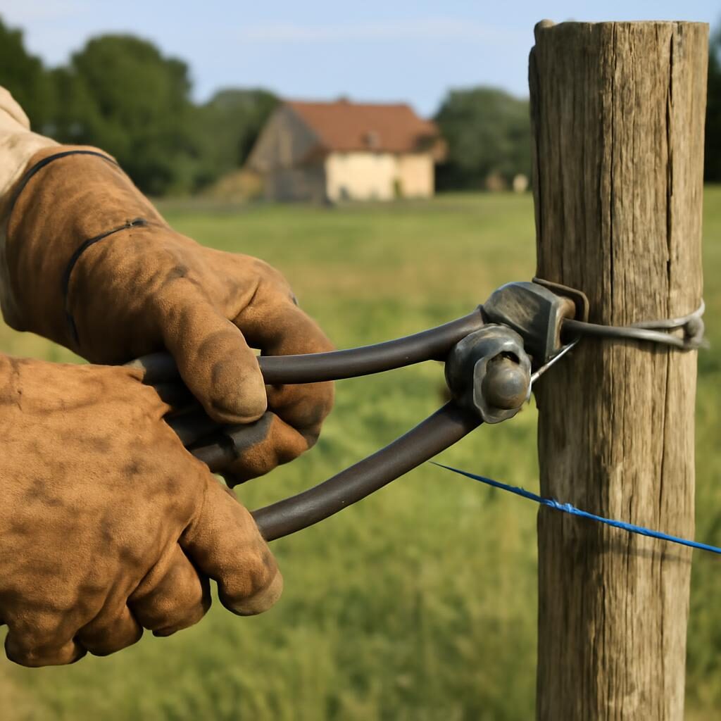 Tension du fil barbele sur piquet bois