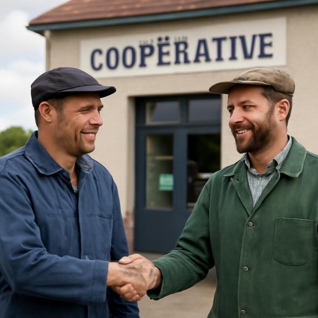 Deux éleveurs se serrant la main devant un siège coopératif