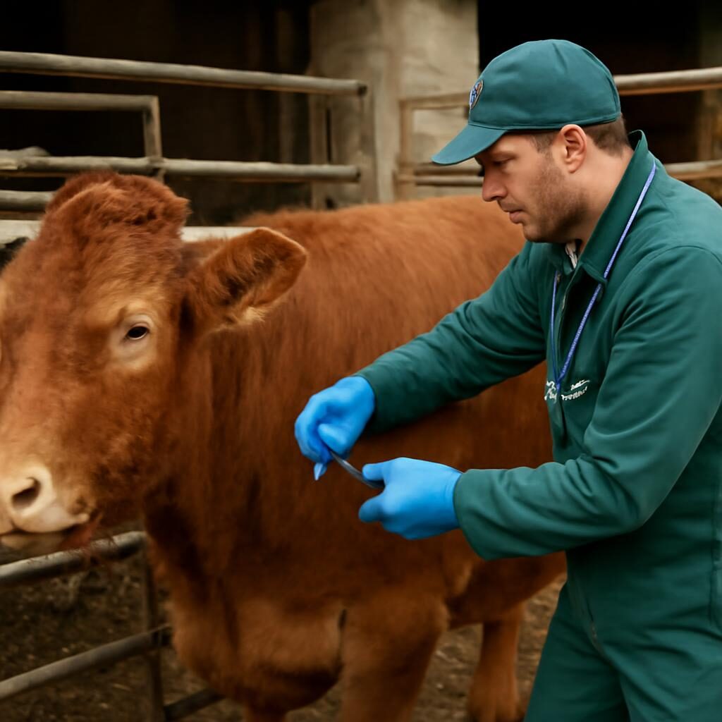 Veterinaire administrant une injection a une vache Limousine en elevage