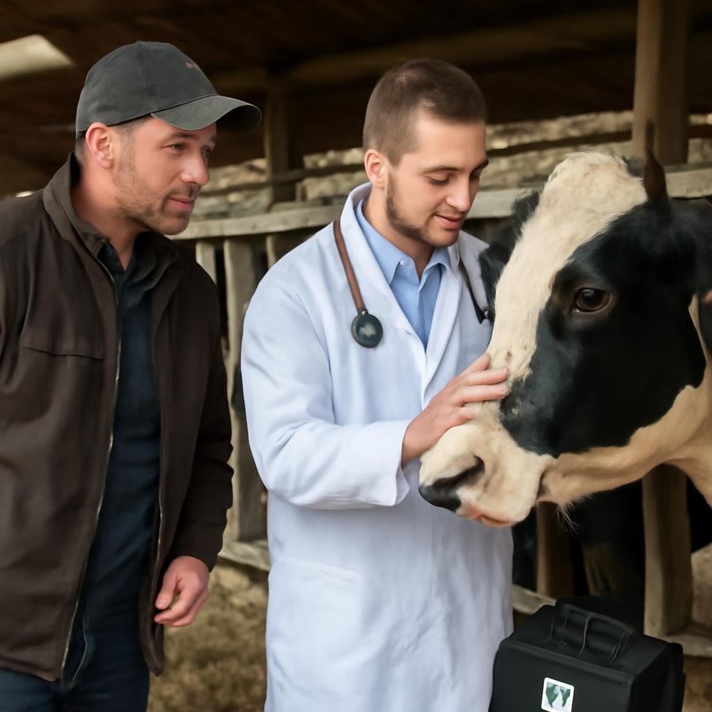 Eleveur et veterinaire examinant une vache malade en stabulation